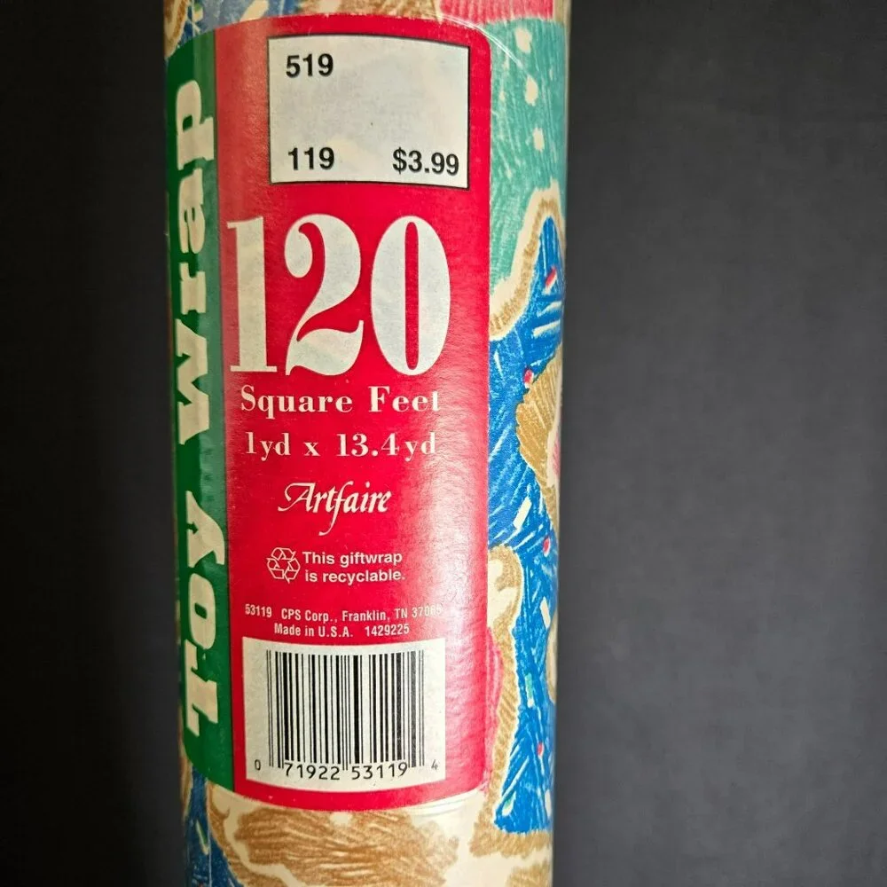 VTG Artaire Toy Wrap Christmas Wrapping Paper Gingerbread Crayon Scribbles USA